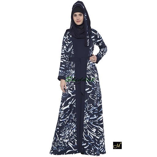 Printed shrug abaya- navy blue-white